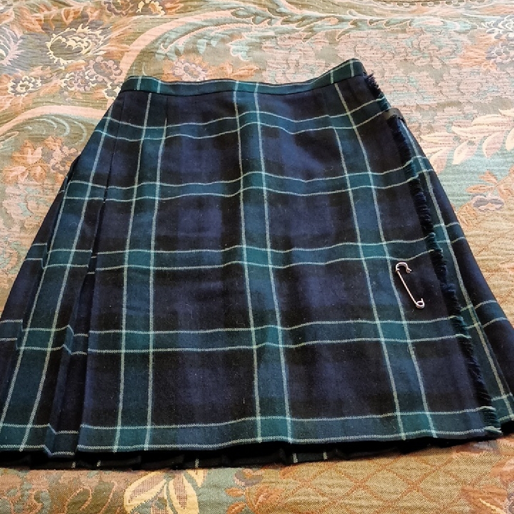 Vintage James Pringle Blue & Green Plaid Wool Scottish Kilt Sz 12 US 14 UK